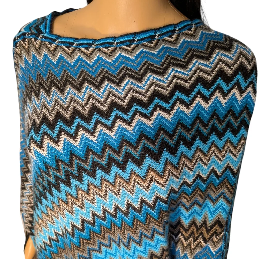 Loose Knit Poncho Sweater Turquoise & Black With Fringes